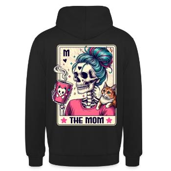 The Mom Tarot – Skelett Mama mit Kaffee & Chaos - Unisex Hoodie - Schwarz - Hinten - Michal (187cm)