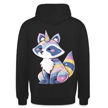 Niedliches Waschbär-Einhorn, pastellfarbenes Regenbogen-Tierdesign - Unisex Hoodie - Schwarz - Hinten - Michal (187cm)