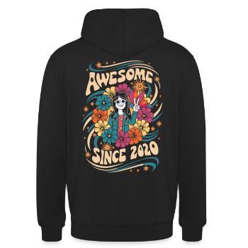 Millésime 2020 Hippie Anniversaire Rétro Floral - Sweat-shirt à capuche unisexe - noir - Dos - Michal (187cm)