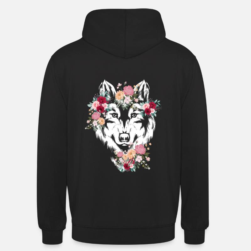 Wolf Wolfskopf Fleurs Déco - Sweat-shirt à capuche unisexe - noir