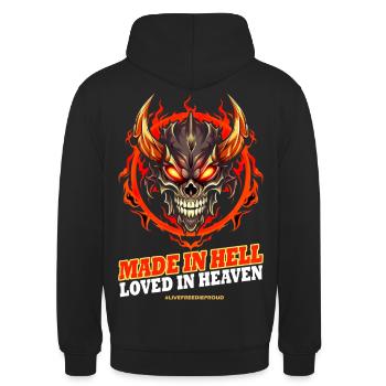 MADE IN HELL LOVED IN HEAVEN - TEUFELSFLAMMEN - Unisex Hoodie - Schwarz - Hinten - Michal (187cm)