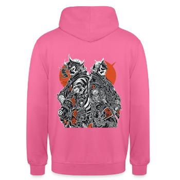 Samurai-Duo: Kontrastreiche Rüstungskunst - Unisex Hoodie - Pink - Hinten - Michal (187cm)