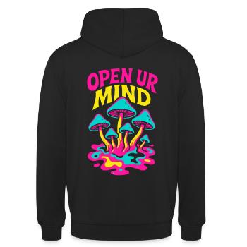 Psychedelische Pilze – Open Up Your Mind - Unisex Hoodie - Schwarz - Hinten - Michal (187cm)