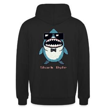 Shark Byte Shirt | 8-bit Retro Gamer T-shirt | - Unisex Hoodie - black - Back - Michal (187cm)