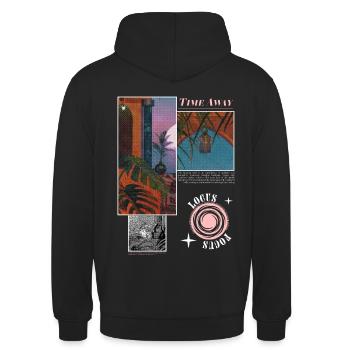 Fantasy "TIME AWAY" Urlaubsgrafikdesign - Unisex Hoodie - Schwarz - Hinten - Michal (187cm)