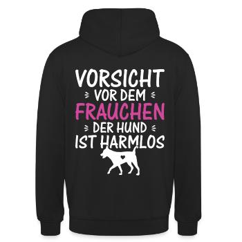 VORSICHT VOR DEM FRAUCHEN | DER HUND IST HARMLOS - Unisex Hoodie - Schwarz - Hinten - Michal (187cm)