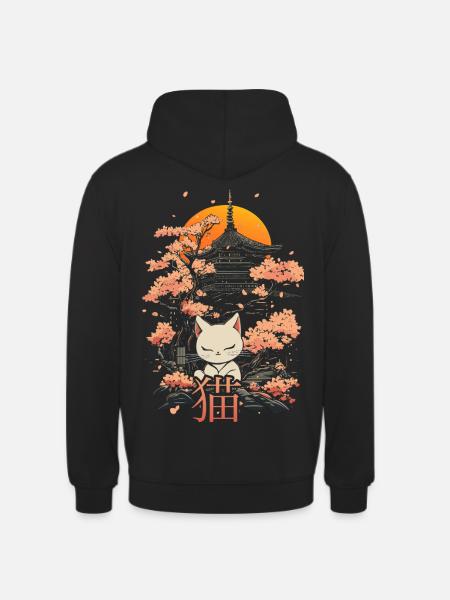 Neko - japanische Katze und sakura - Unisex Hoodie - Schwarz
