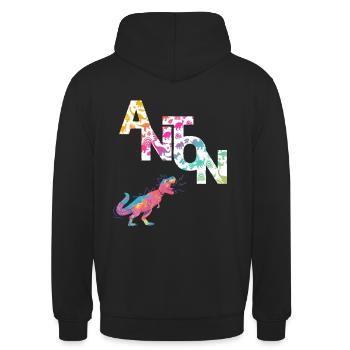 ANTON - Beau prénom de garçon avec dinosaure - Sweat-shirt à capuche unisexe - noir - Dos - Michal (187cm)