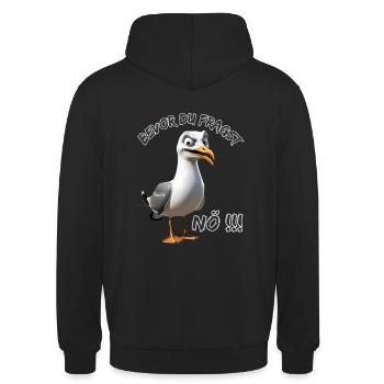 Lustiger Spruch mit Möwe Bevor du fragst Nö !!! - Unisex Hoodie - Schwarz - Hinten - Michal (187cm)