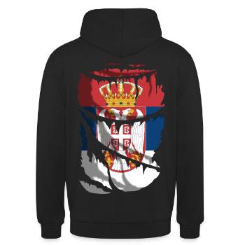 Flagge Serbiens, zerbrochener oder zerrissener Stoffeffekt - Unisex Hoodie - Schwarz - Hinten - Michal (187cm)