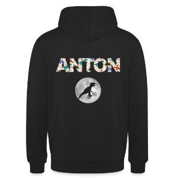 ANTON - Beau prénom de garçon avec dinosaure - Sweat-shirt à capuche unisexe - noir - Dos - Michal (187cm)