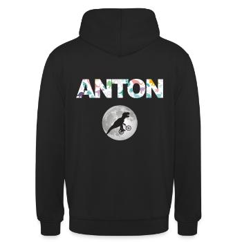 ANTON - Beau prénom de garçon avec dinosaure - Sweat-shirt à capuche unisexe - noir - Dos - Michal (187cm)