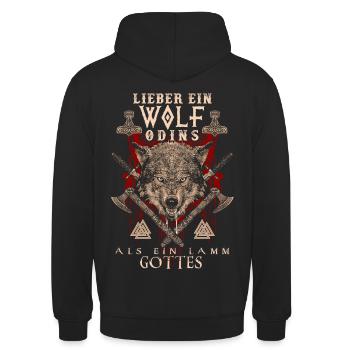 Wikinger Lieber ein Wolf Odins als ein Lamm Gottes - Unisex Hoodie - Schwarz - Hinten - Michal (187cm)