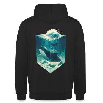 Sanfter Riese der Meere - Aquarellgemalter Blauwal - Unisex Hoodie - Schwarz - Hinten - Michal (187cm)