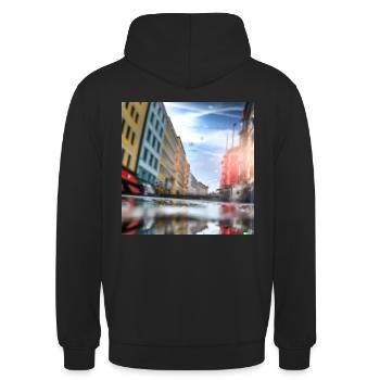 City Skyline Froschperspektive - Unisex Hoodie - Schwarz - Hinten - Michal (187cm)