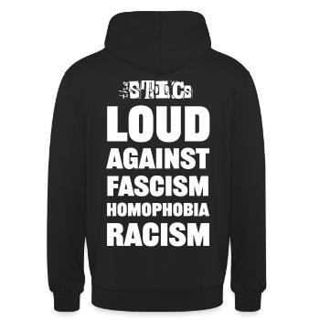 theSTICs LOGO - LOUD AGAINST FASCISM & HOMOPHOBIA - Unisex Hoodie - Schwarz - Hinten - Michal (187cm)