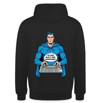 Superheld: Ich fixiere Bugs! - Unisex Hoodie - Schwarz - Hinten - Michal (187cm)