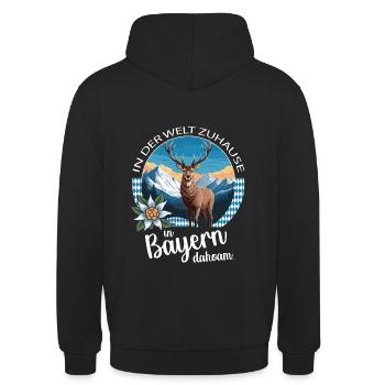 In der Welt zuhause. In Bayern dahoam. Heimatliebe - Unisex Hoodie - Schwarz - Hinten - Michal (187cm)