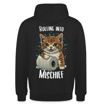 Muntere Mätzchen: Katze und Toilettenpapier - Unisex Hoodie - Schwarz - Hinten - Michal (187cm)