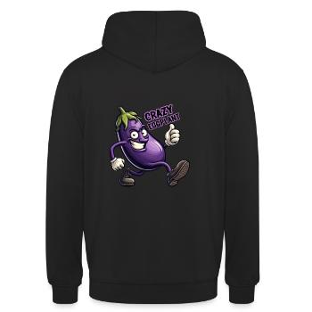 Crazy Veggies: Eggplant Power Walker Thumbs Up - Unisex Hoodie - Schwarz - Hinten - Michal (187cm)