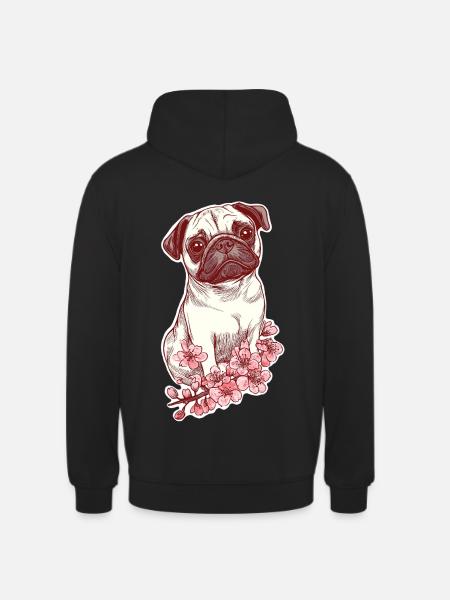 Mops mit Blüten - Unisex Hoodie - Schwarz