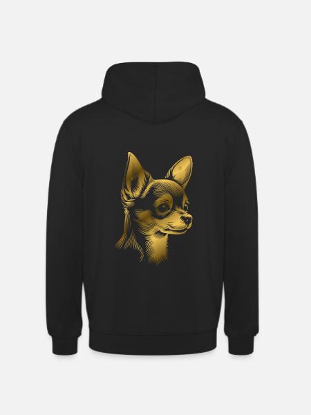 Chihuahua, korthår, hundehoved, tegning af guld - Hættetrøje unisex - sort