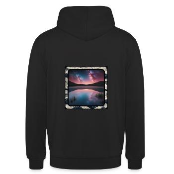 Seelandschaft mit Spiegelungen - Unisex Hoodie - Schwarz - Hinten - Michal (187cm)