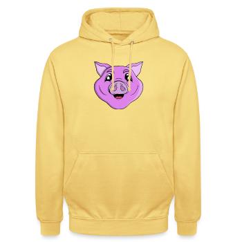 Lila Schwein Lächeln - Unisex Hoodie - Zitronengelb - Vorne - Alina (178cm) & Michal (187cm)