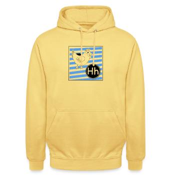 H wie Huhn - Unisex Hoodie - Zitronengelb - Vorne - Alina (178cm) & Michal (187cm)