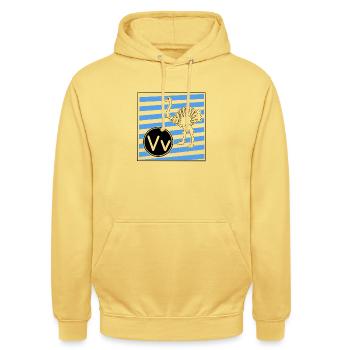 V wie Vogelstrauß - Unisex Hoodie - Zitronengelb - Vorne - Alina (178cm) & Michal (187cm)