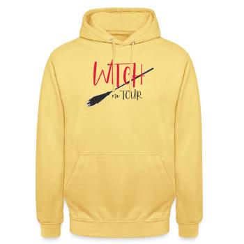 Logo de la Sorcière en tournée - Sweat-shirt à capuche unisexe - jaune citron - Devant - Alina (178cm) & Michal (187cm)