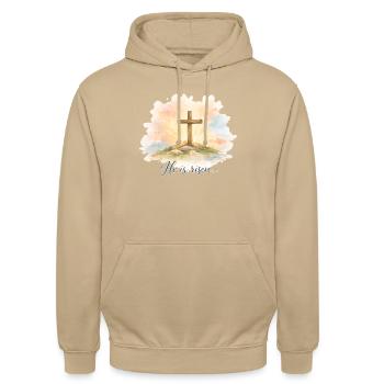 Auferstehung He is Risen Ostern Jesus - Unisex Hoodie - Beige - Vorne - Alina (178cm) & Michal (187cm)