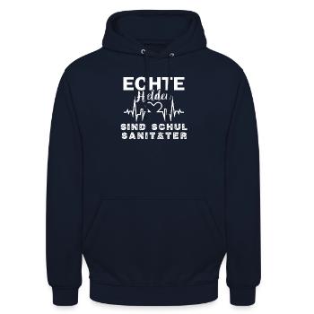 Richtige und ECHTE Helden sind Schulsanitäter - Unisex Hoodie - Navy - Vorne - Alina (178cm) & Michal (187cm)