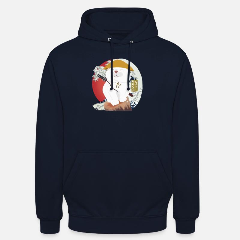 Chat samouraï assis sur le bois - Sweat-shirt à capuche unisexe - marine