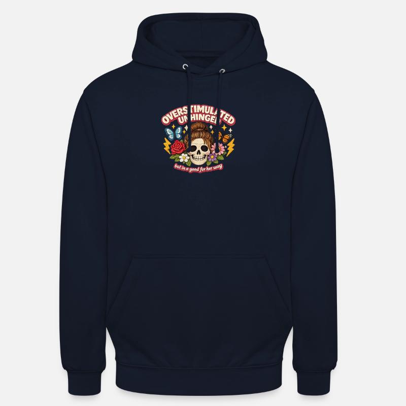 Overstimulated Unhinged Skull Patch Gift - Unisex Hoodie - navy
