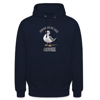Lustiger Spruch mit Möwe Bevor du fragst Nee !!! - Unisex Hoodie - Navy - Vorne - Alina (178cm) & Michal (187cm)