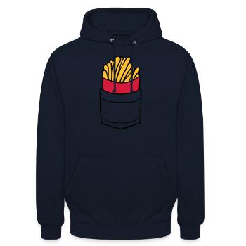 Brusttasche Pommes Frites - Unisex Hoodie - Navy - Vorne - Alina (178cm) & Michal (187cm)