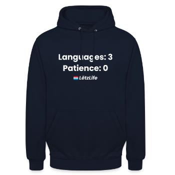 Languages: 3, Patience: 0 – Multilingual humor - Unisex Hoodie - navy - Front - Alina (178cm) & Michal (187cm)