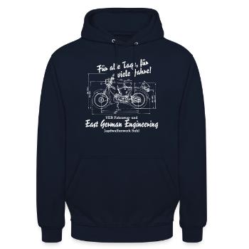 Simson S51 Blueprint - East German Engineering - Unisex Hoodie - Navy - Vorne - Alina (178cm) & Michal (187cm)