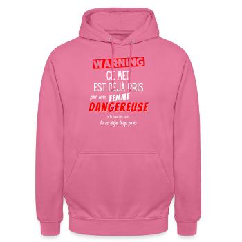 Cadeau Humour couple homme, Femme jalouse danger - Sweat-shirt à capuche unisexe - rose - Devant - Alina (178cm) & Michal (187cm)