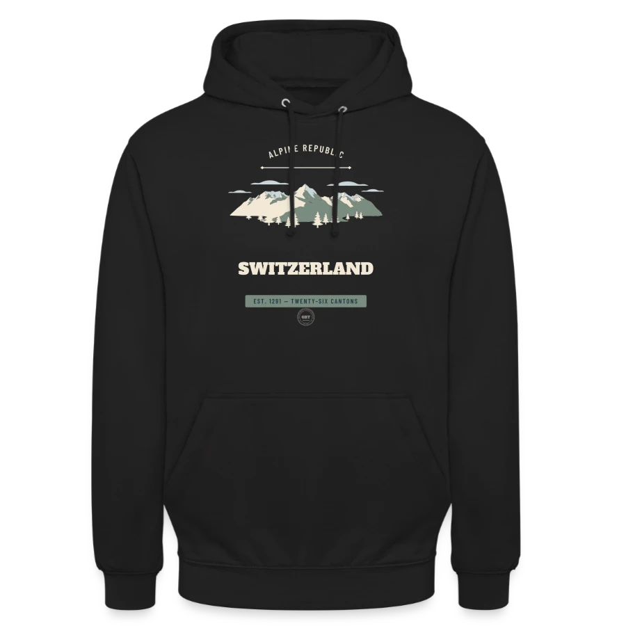 Switzerland badge on a unisex hoodie, black