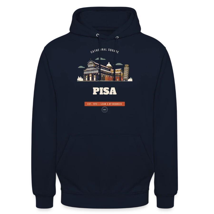 Pisa badge on a unisex hoodie, navy, front