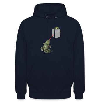 Froschzunge, die nach Kaulquappe in Ihrer Tasche greift - Unisex Hoodie - Navy - Vorne - Alina (178cm) & Michal (187cm)