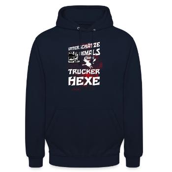 Trucker Hexe - Unisex Hoodie - Navy - Vorne - Alina (178cm) & Michal (187cm)