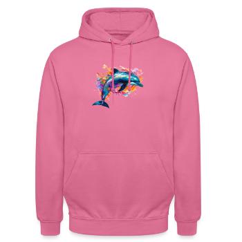 Delfin im bunten Meer - Unisex Hoodie - Pink - Vorne - Alina (178cm) & Michal (187cm)