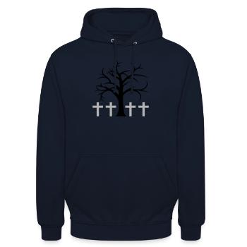 Baum Kahl Winter Herbst Kreuze Halloween Friedhof - Unisex Hoodie - Navy - Vorne - Alina (178cm) & Michal (187cm)