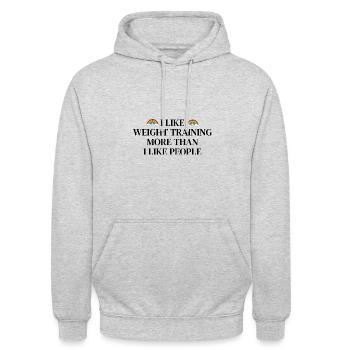 Ich mag Krafttraining mehr als Menschen - Unisex Hoodie - Hellgrau meliert - Vorne - Alina (178cm) & Michal (187cm)