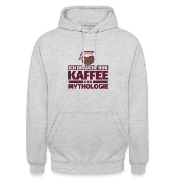 Ich brauche nur Kaffee und Mythologie - Unisex Hoodie - Hellgrau meliert - Vorne - Alina (178cm) & Michal (187cm)