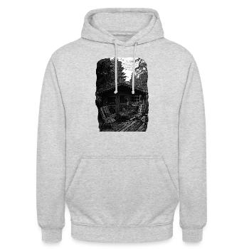 Hütte schwarz-weiß - Unisex Hoodie - Hellgrau meliert - Vorne - Alina (178cm) & Michal (187cm)