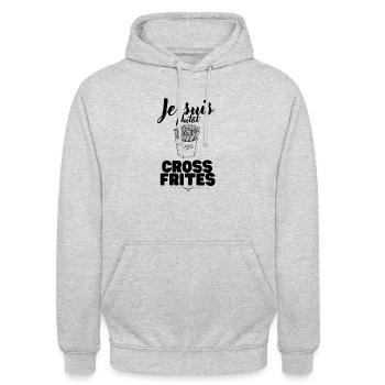 Je suis plutôt Cross frites ! sport & humour - Sweat-shirt à capuche unisexe - gris clair chiné - Devant - Alina (178cm) & Michal (187cm)